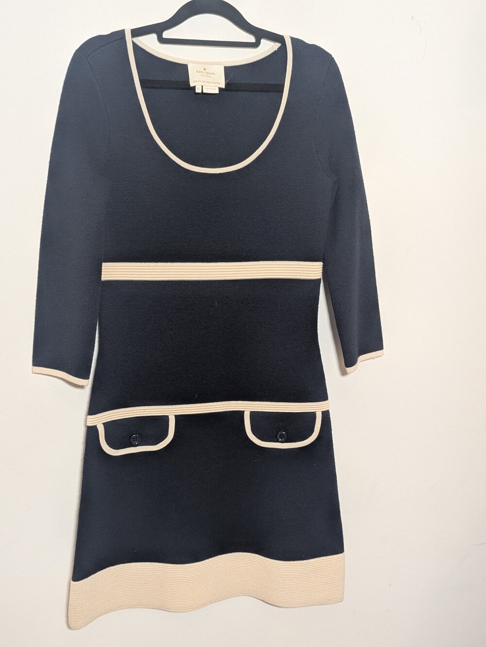 Kate Spade Navy Cream Wool Blend Knit Shift Sweater Dress Size XS